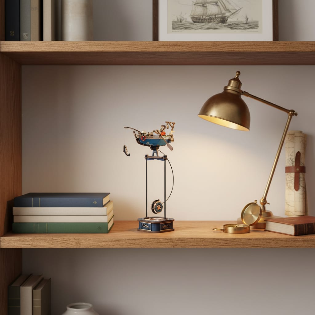 Puzzle 3D : Barque de Pêcheur en Bois, posé sur une commode dans un intérieur design