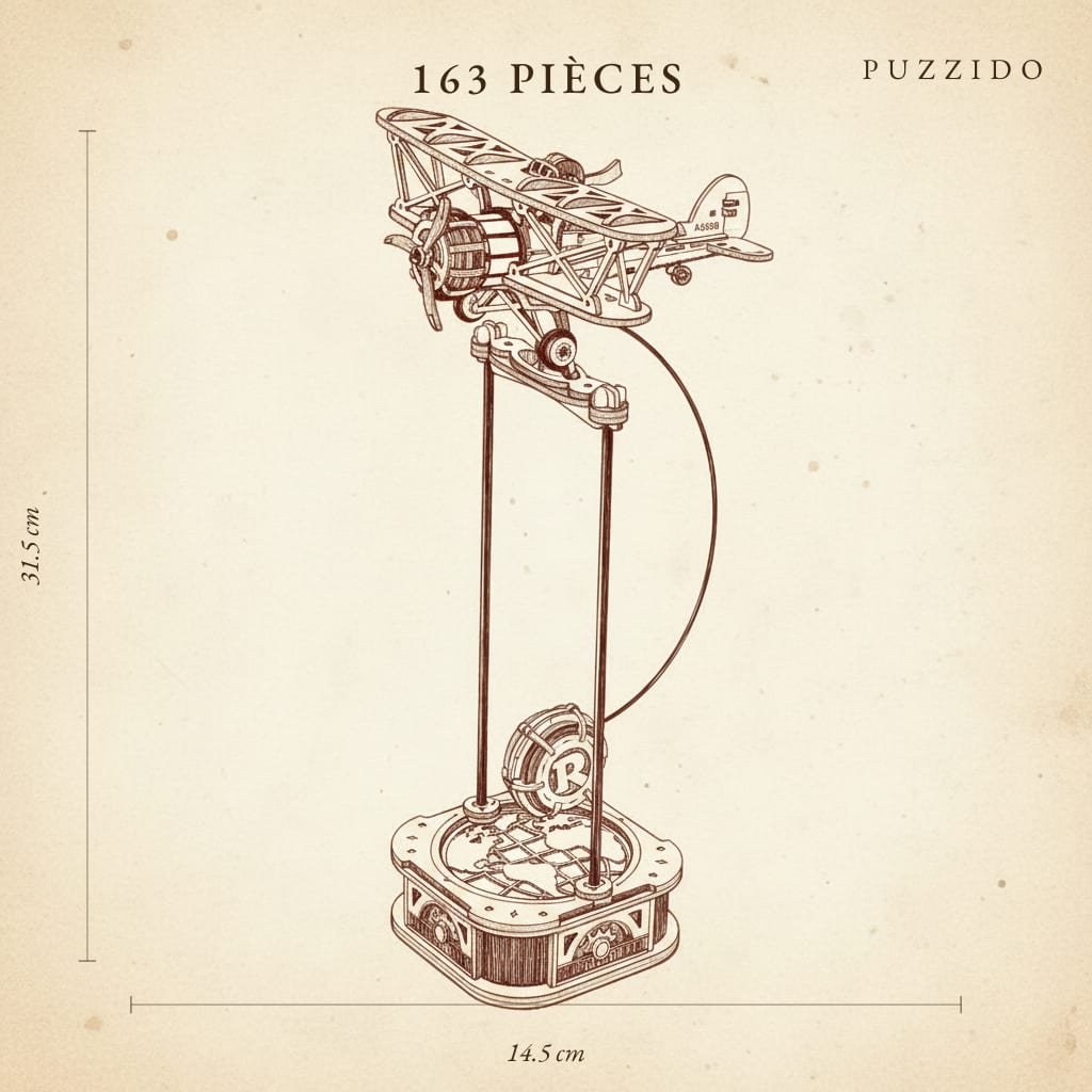 Puzzle 3D du Biplan à Balancier en Bois, plan technique avec dimensions
