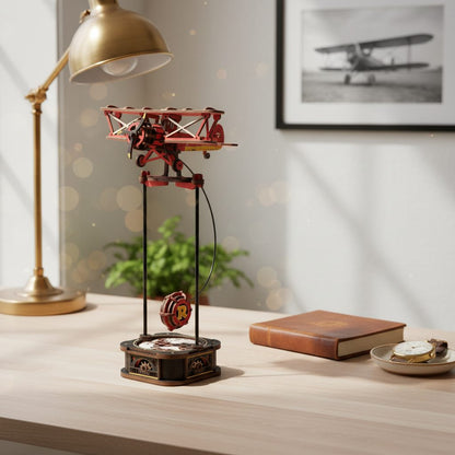 Puzzle 3D Biplan à Balancier en bois sur bureau scandinave, en scène d'intérieur.