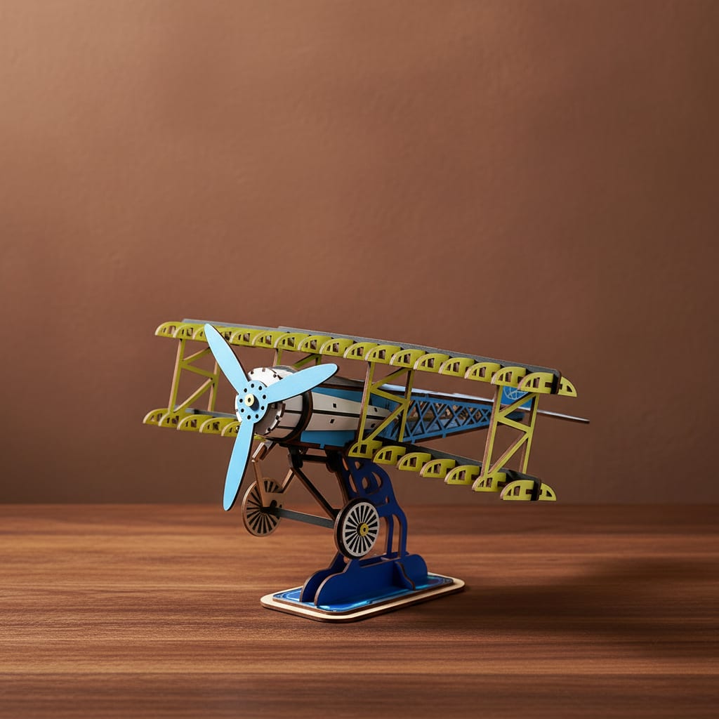 Puzzle 3D du Fokker Dr.I Bleu en Bois, vue studio sur surface en noyer