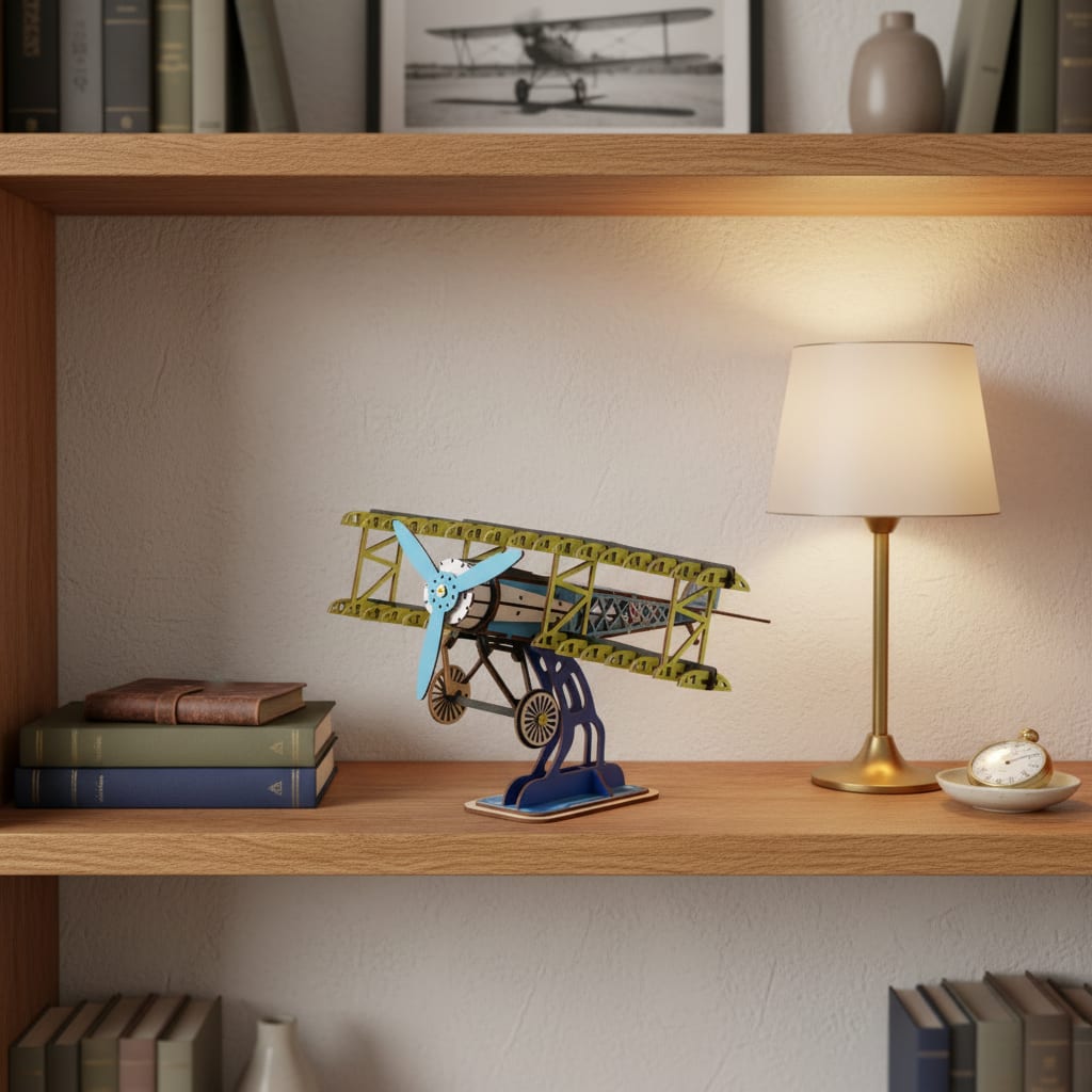 Puzzle 3D du Fokker Dr.I Bleu en Bois, posé sur une commode dans un intérieur design