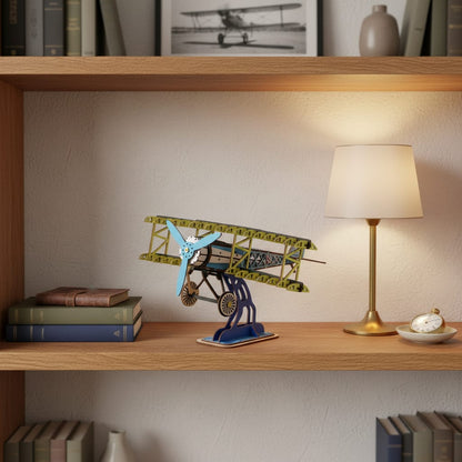 Puzzle 3D du Fokker Dr.I Bleu en Bois, posé sur une commode dans un intérieur design
