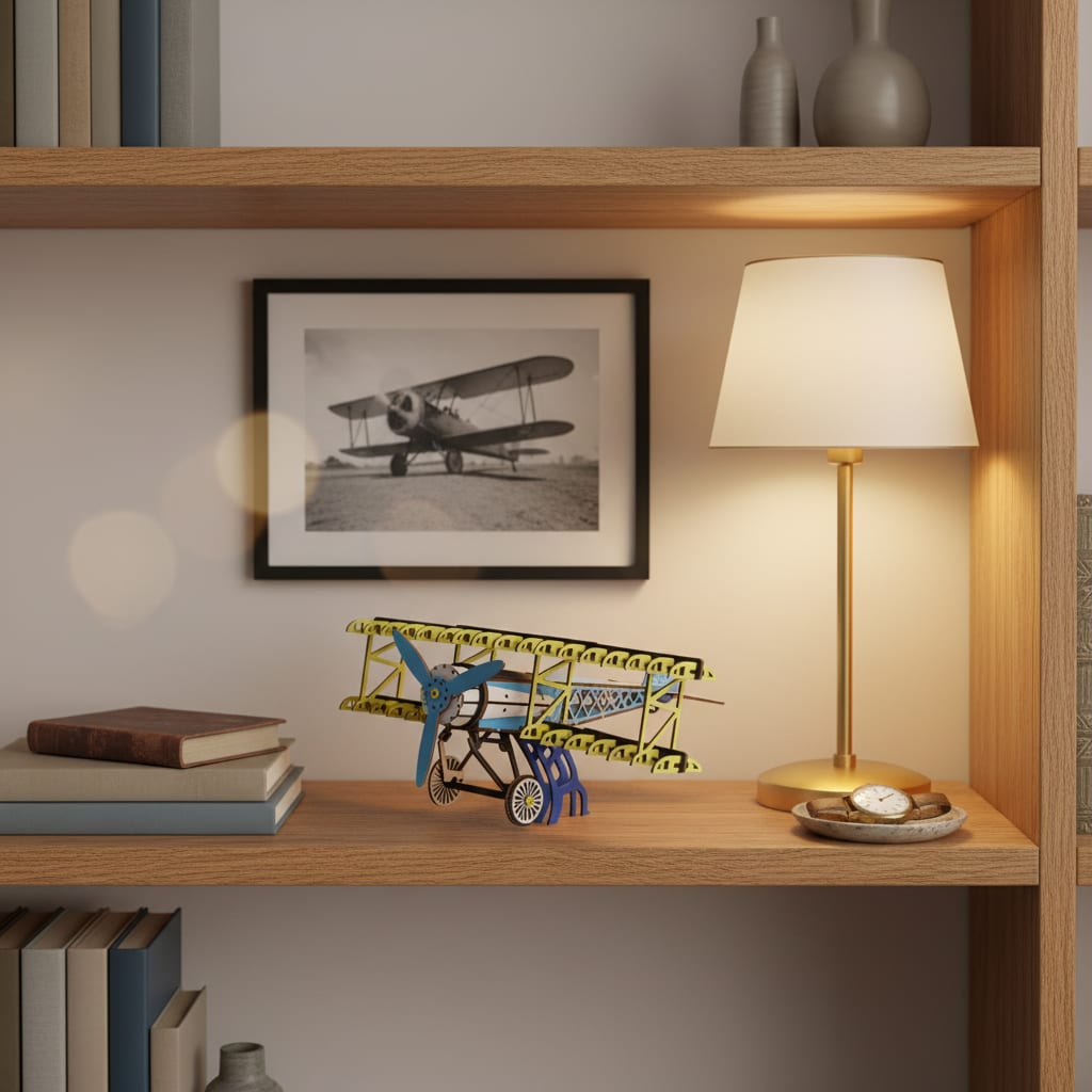 Puzzle 3D du Fokker Dr.I Bleu en Bois, exposé sur une étagère ouverte