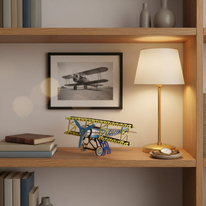 Puzzle 3D du Fokker Dr.I Bleu en Bois, exposé sur une étagère ouverte