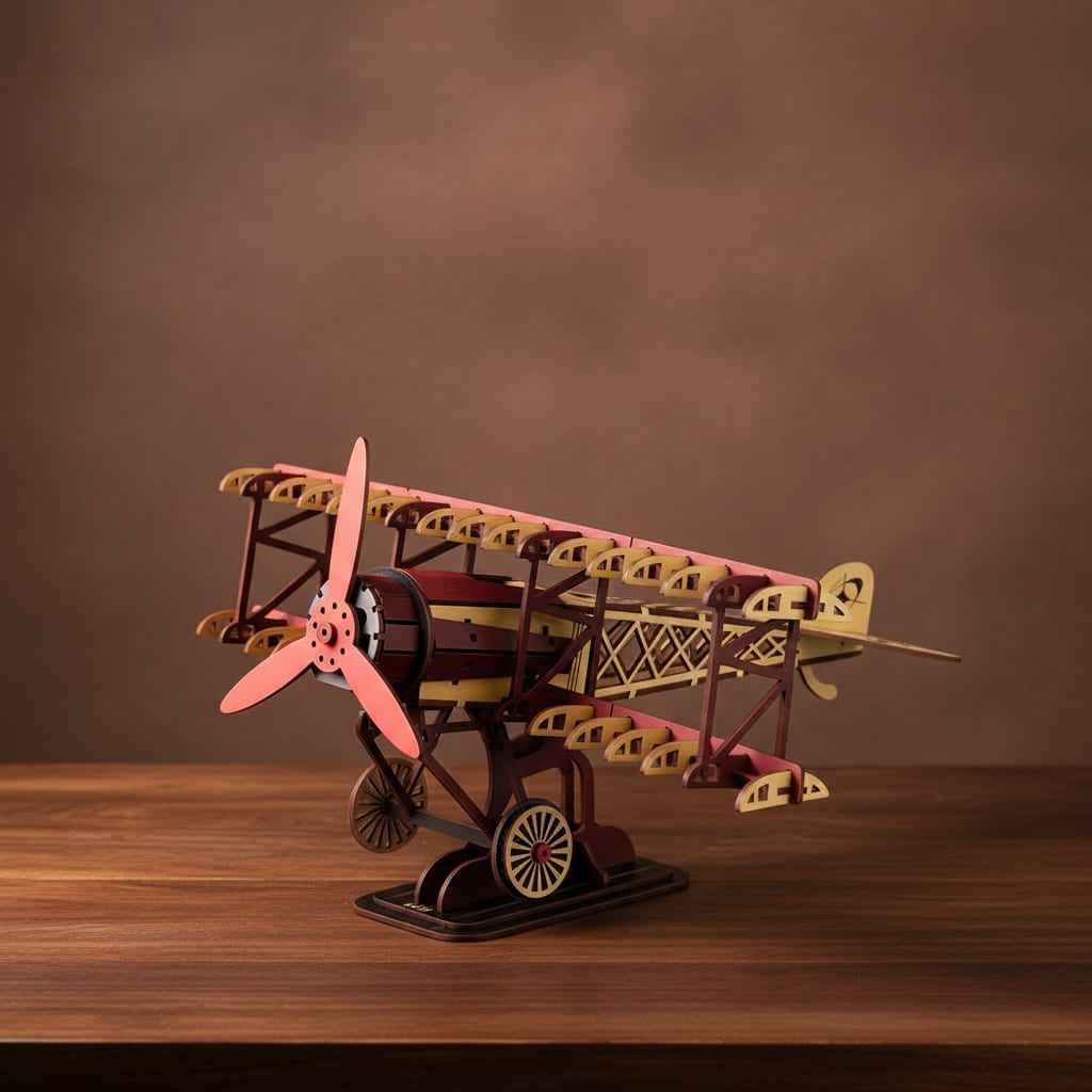 Puzzle 3D du Fokker Dr.I Rouge en Bois, vue studio sur surface en noyer