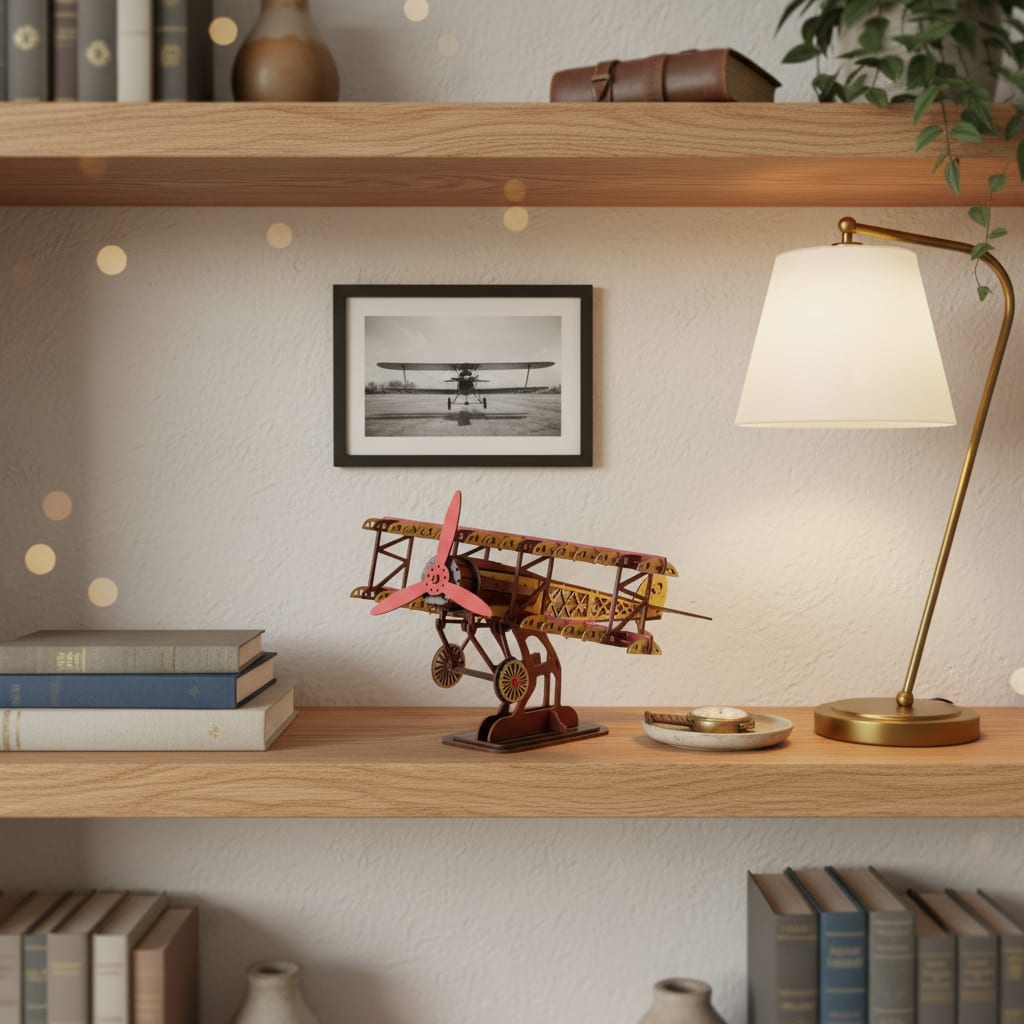 Puzzle 3D du Fokker Dr.I Rouge en Bois, posé sur une commode dans un intérieur design