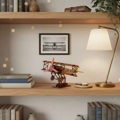 Puzzle 3D du Fokker Dr.I Rouge en Bois, posé sur une commode dans un intérieur design