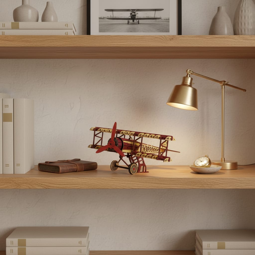 Puzzle 3D du Fokker Dr.I Rouge en Bois, exposé sur une étagère ouverte