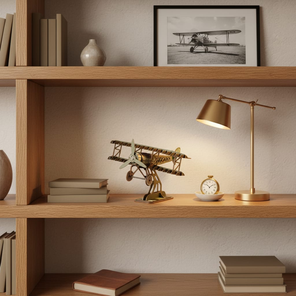 Puzzle 3D du Fokker Dr.I Vert en Bois, posé sur une commode dans un intérieur design