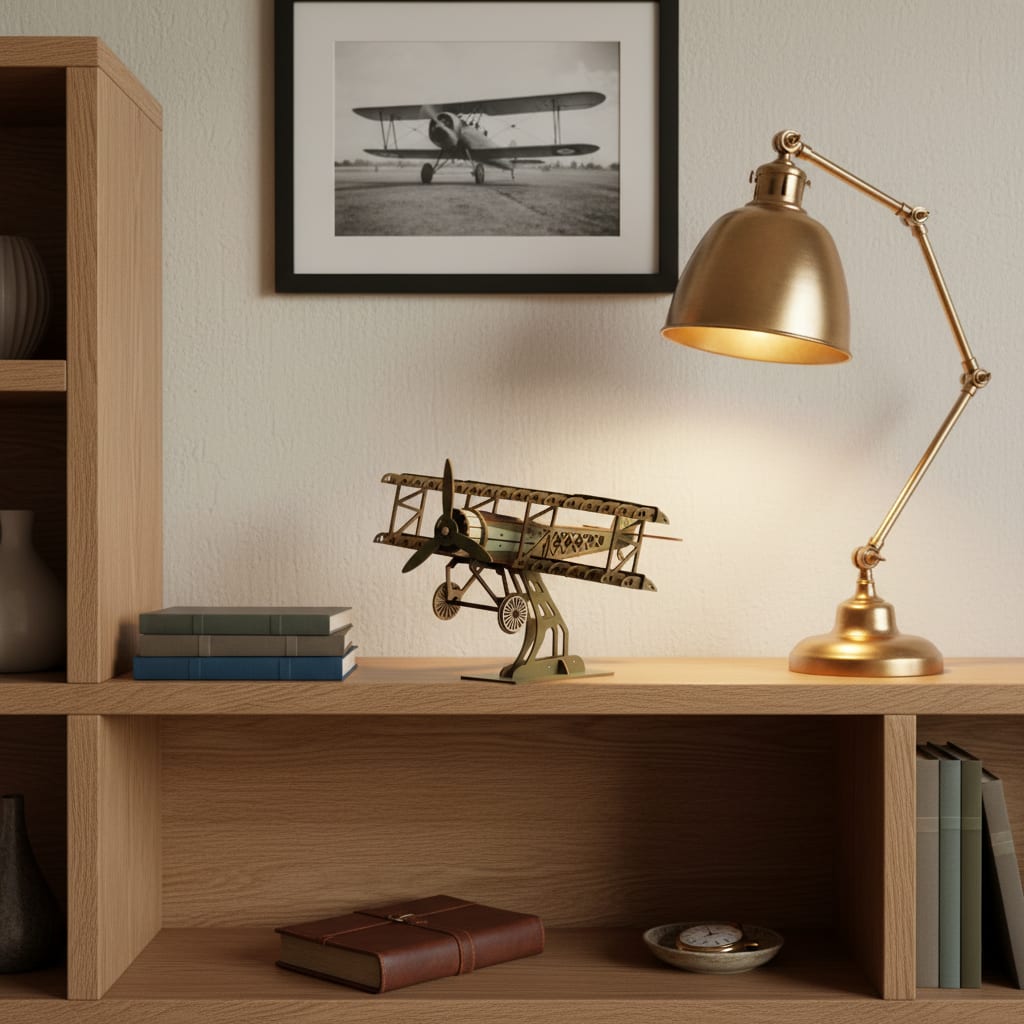 Puzzle 3D du Fokker Dr.I Vert en Bois, placé sur une cheminée en pierre