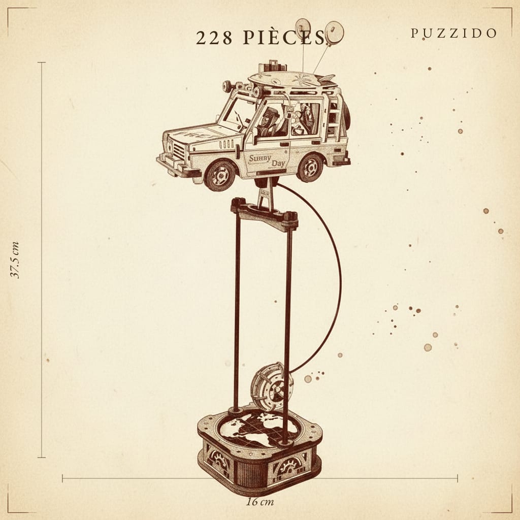Puzzle 3D : Jeep Baroudeuse en Bois, plan technique avec dimensions