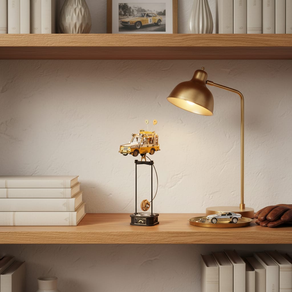 Puzzle 3D : Jeep Baroudeuse en Bois, posé sur une commode dans un intérieur design