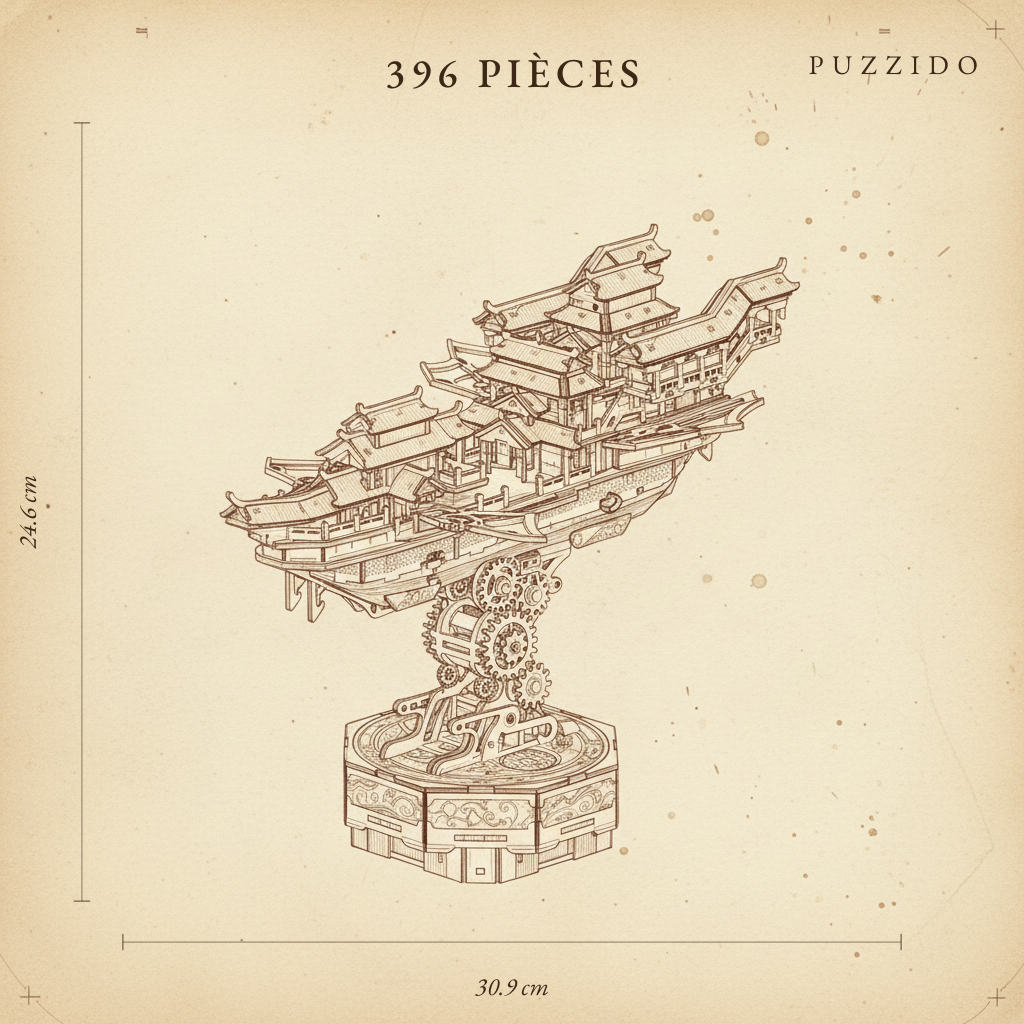 Puzzle 3D de la Nef Volante Asiatique en bois, assemblé - vue 2