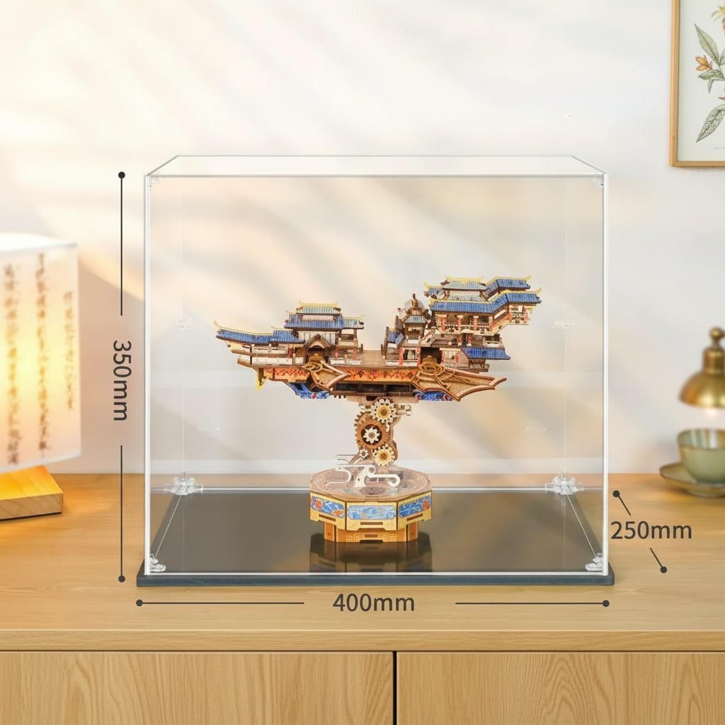 Puzzle 3D de la Nef Volante Asiatique en bois, présenté dans sa vitrine acrylique.
