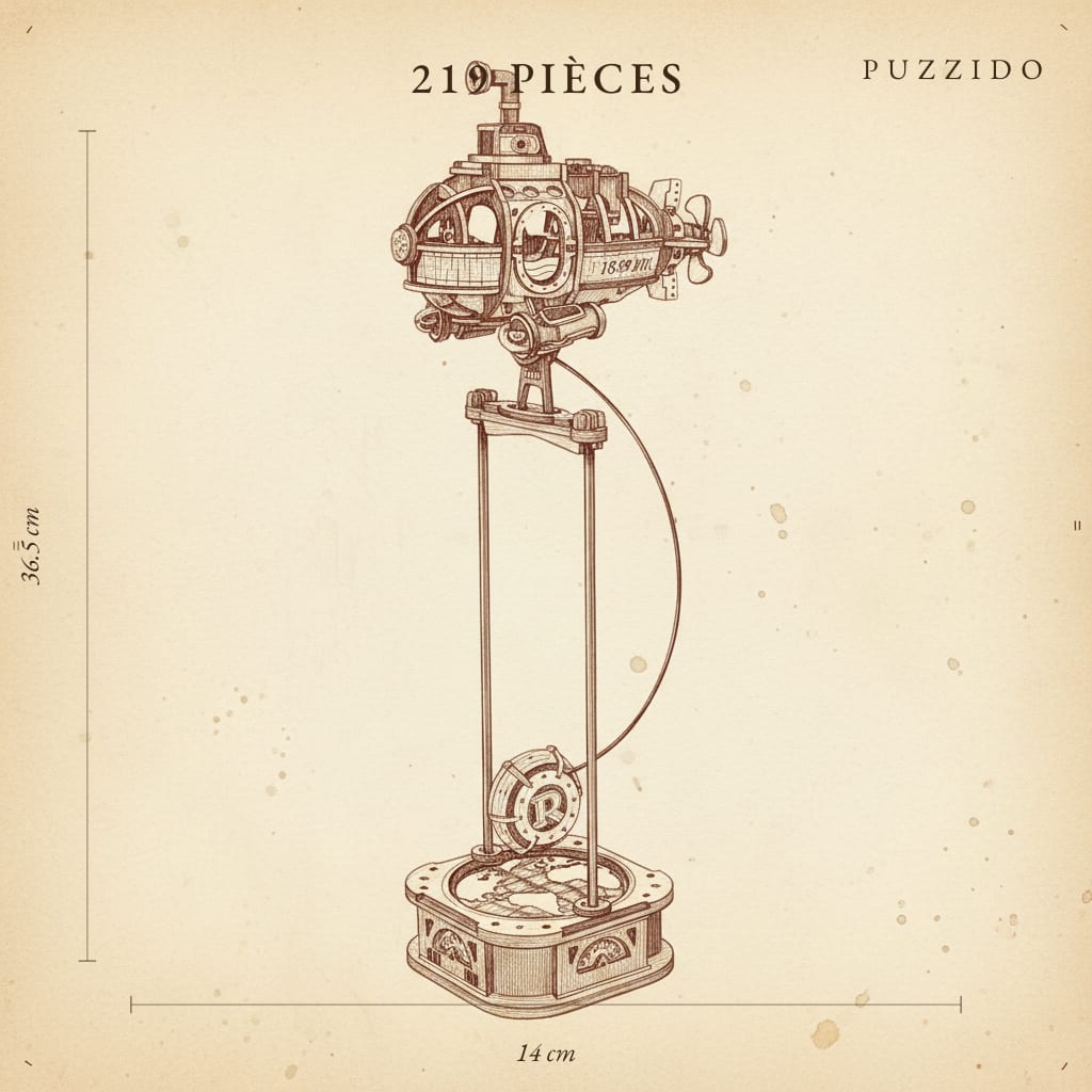 Puzzle 3D du Sous-Marin à Pendule en Bois, plan technique avec dimensions