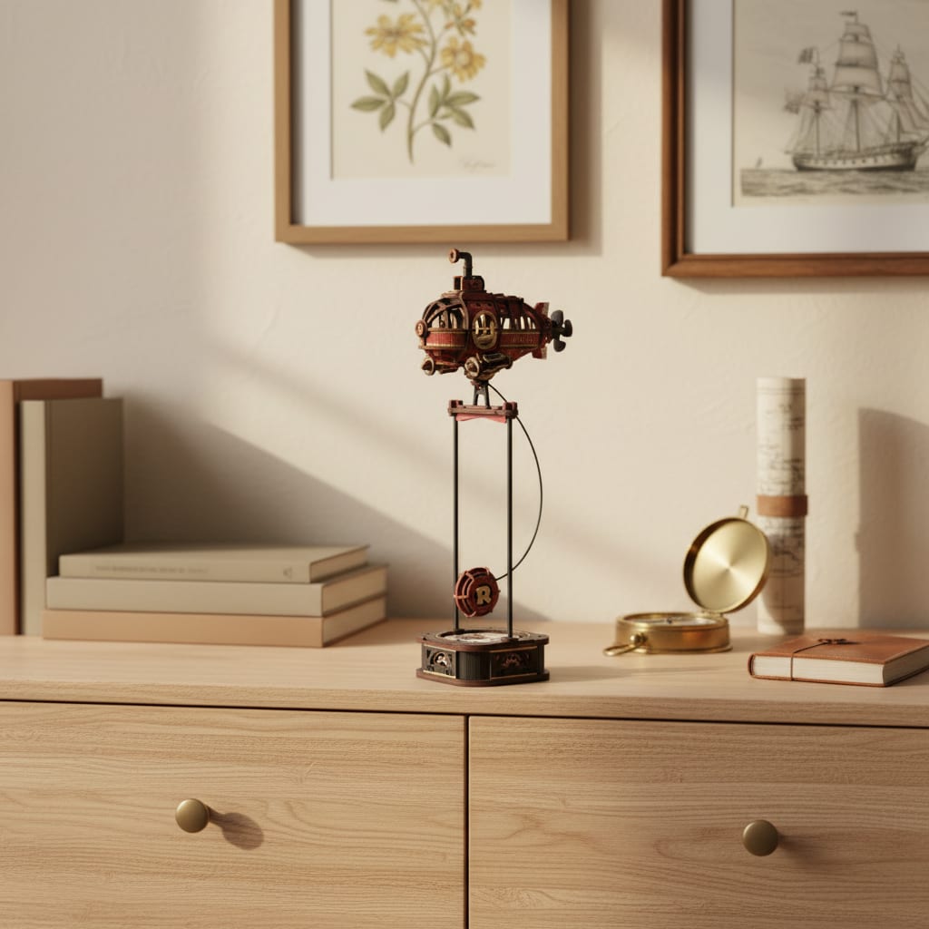 Puzzle 3D du Sous-Marin à Pendule en Bois, exposé sur une étagère ouverte