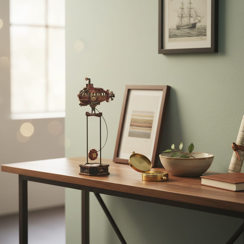 Puzzle 3D du Sous-Marin à Pendule en Bois, placé sur une cheminée en pierre