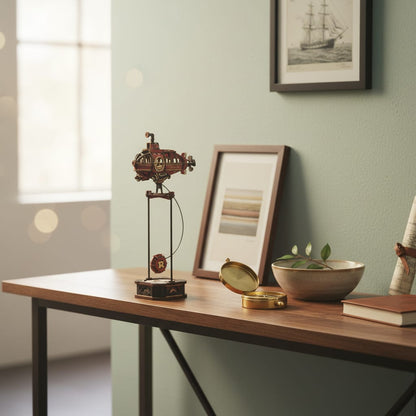 Puzzle 3D du Sous-Marin à Pendule en Bois, placé sur une cheminée en pierre