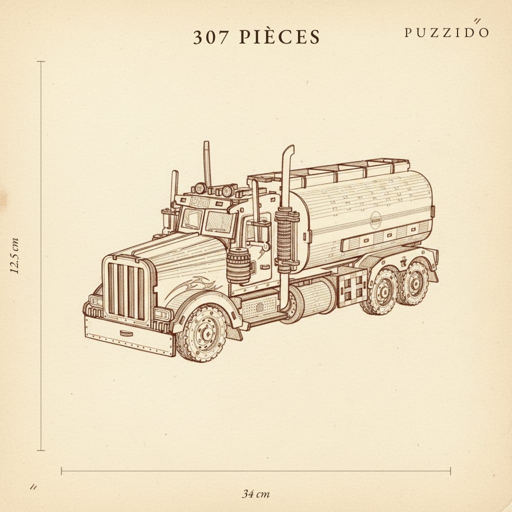 Puzzle 3D : Tirelire Camion Citerne en Bois, plan technique avec dimensions
