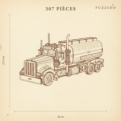 Puzzle 3D : Tirelire Camion Citerne en Bois, plan technique avec dimensions