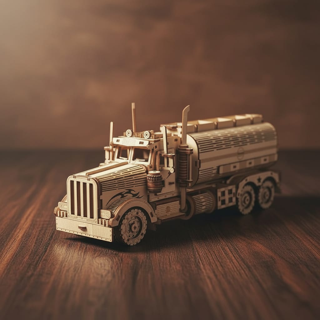 Puzzle 3D : Tirelire Camion Citerne en Bois, vue studio sur surface en noyer