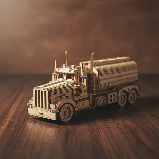 Puzzle 3D : Tirelire Camion Citerne en Bois, vue studio sur surface en noyer