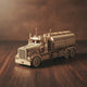 Puzzle 3D : Tirelire Camion Citerne en Bois, vue studio sur surface en noyer
