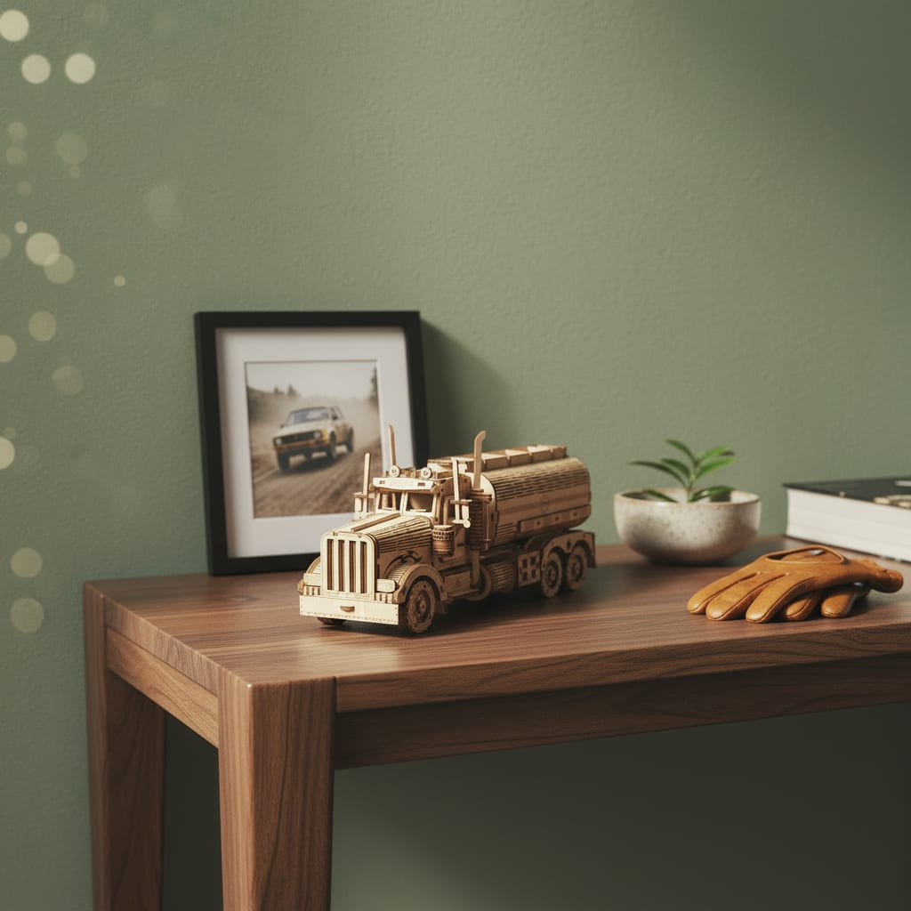 Puzzle 3D : Tirelire Camion Citerne en Bois, posé sur une commode dans un intérieur design
