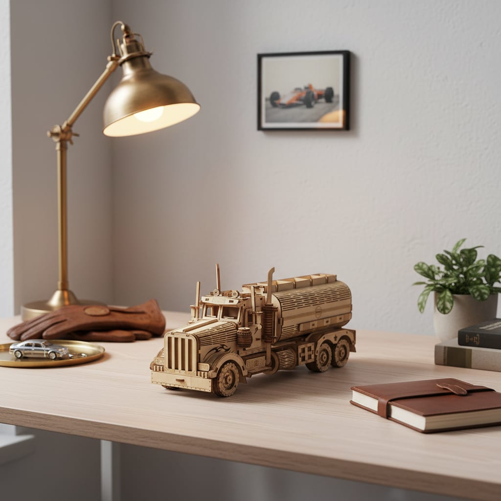 Puzzle 3D : Tirelire Camion Citerne en Bois, exposé sur une étagère ouverte