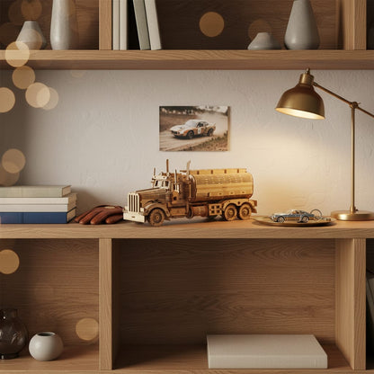 Puzzle 3D : Tirelire Camion Citerne en Bois, placé sur une cheminée en pierre