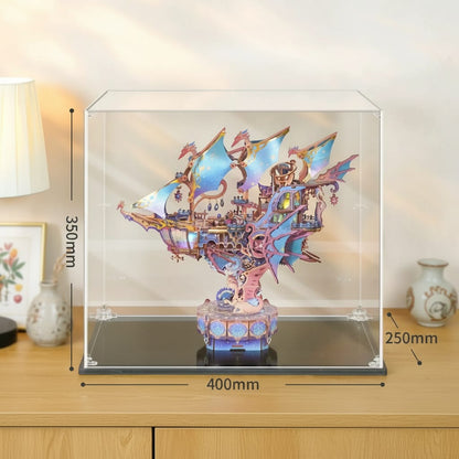 Puzzle 3D du Vaisseau Féerique en bois, présenté dans sa vitrine acrylique.