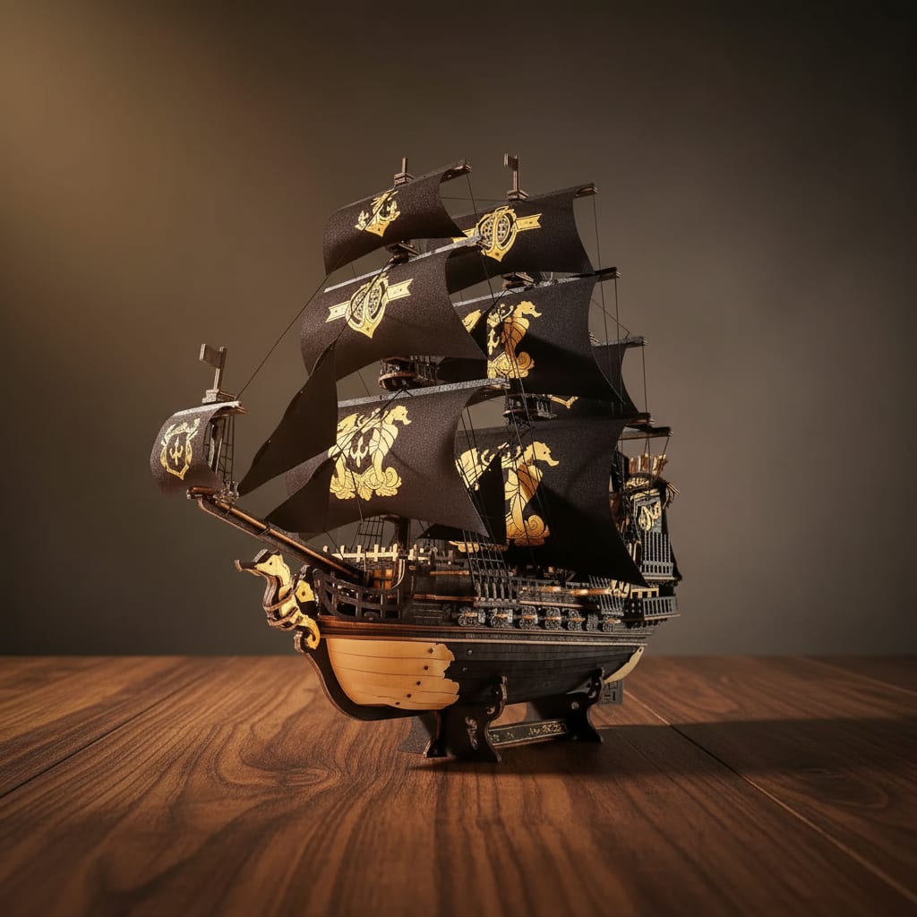 Puzzle 3D : Galion Noir et Or en Bois, assemblé et posé sur une table en bois foncé, éclairé.