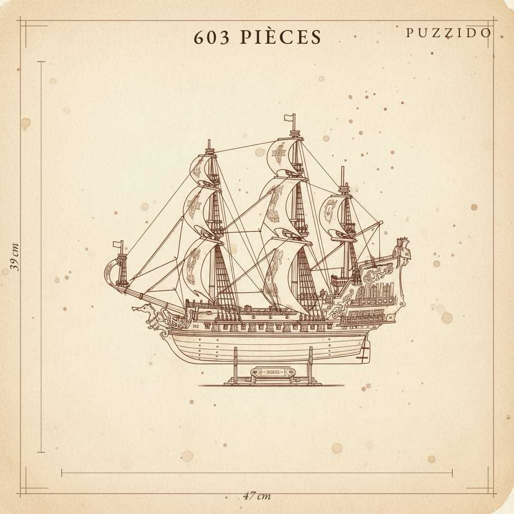Puzzle 3D : Galion Noir et Or en Bois, plan technique avec dimensions sur fond parcheminé