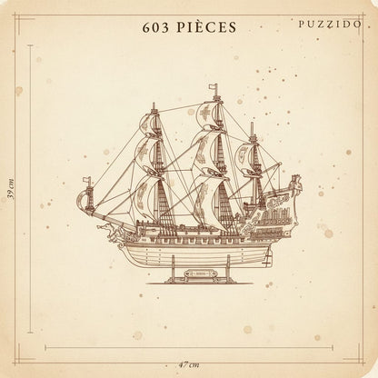 Puzzle 3D : Galion Noir et Or en Bois, plan technique avec dimensions sur fond parcheminé