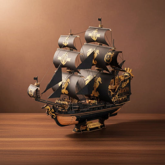 Puzzle 3D : Galion Noir et Or en Bois, posé sur une surface en noyer, éclairage studio doux.