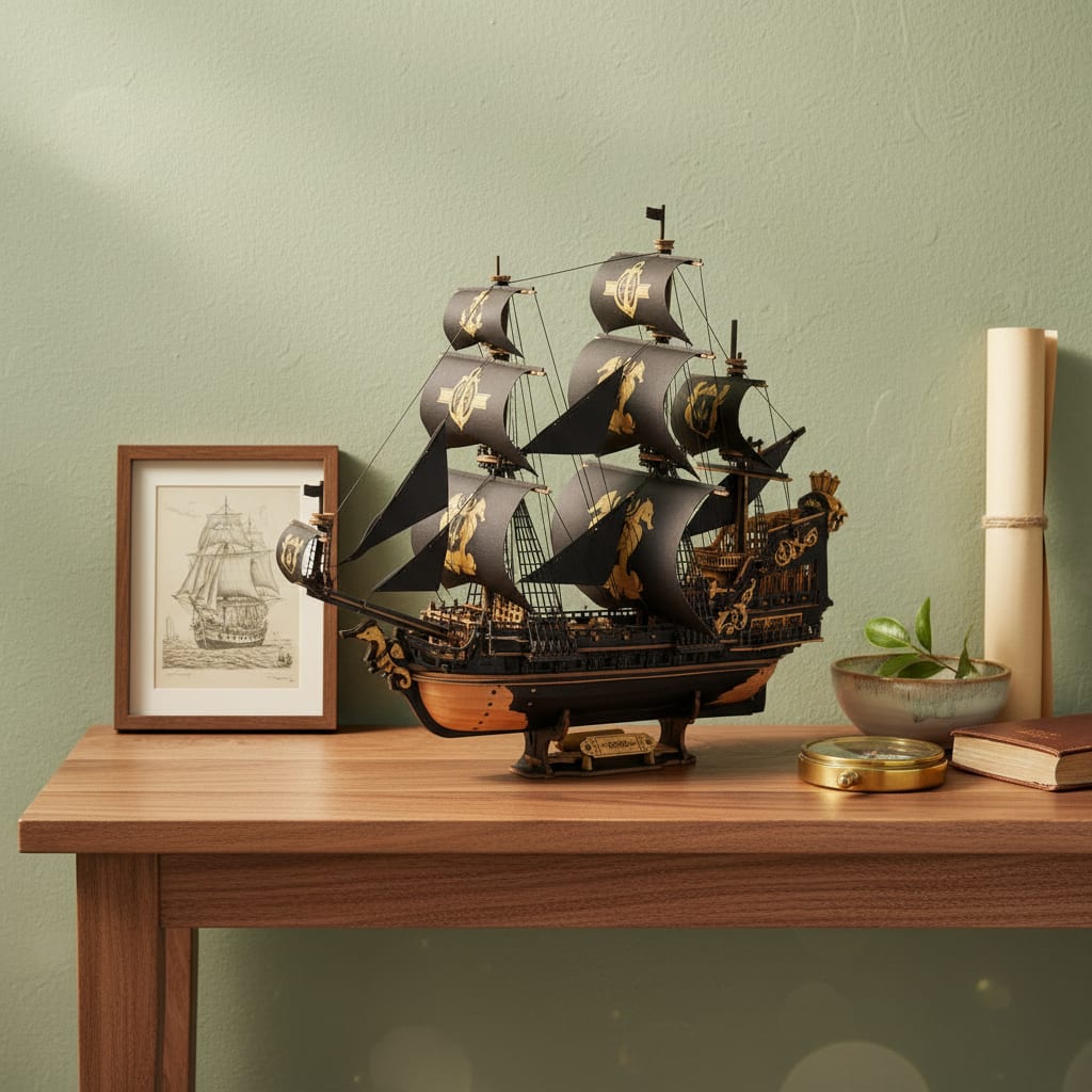 Puzzle 3D : Galion Noir et Or en Bois, posé sur une commode en bois clair, ambiance chaleureuse.
