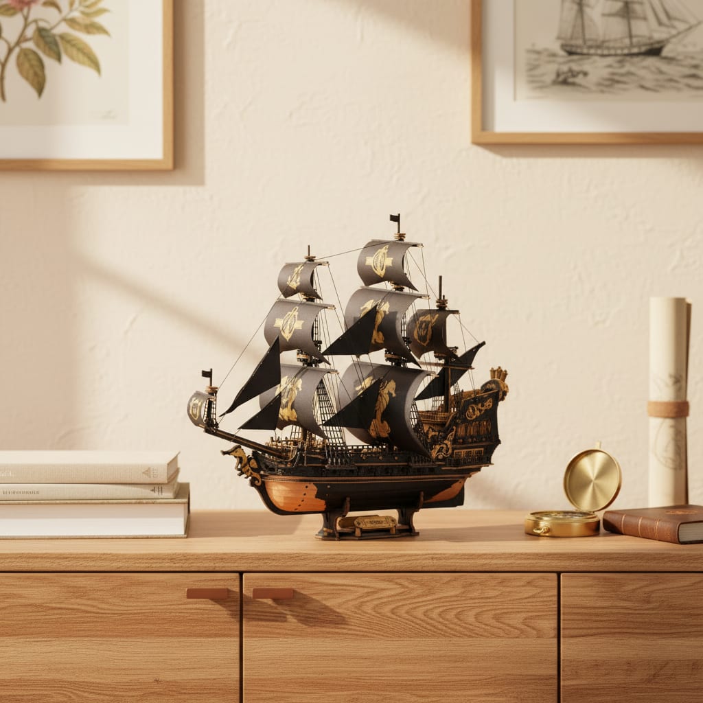 Puzzle 3D : Galion Noir et Or en Bois, exposé sur une commode en bois clair avec des livres et une…