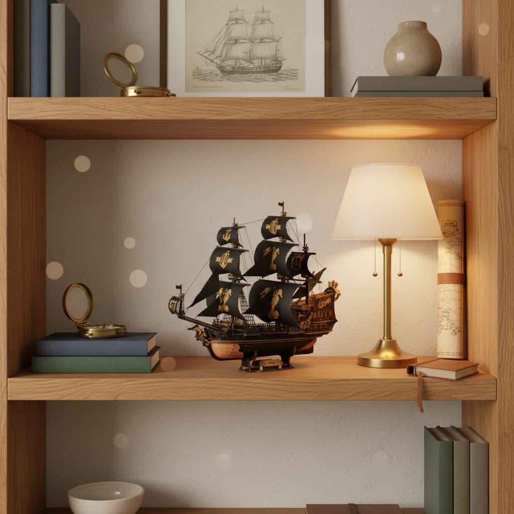 Puzzle 3D : Galion Noir et Or en Bois, sur une étagère en bois clair avec lampe et livres.