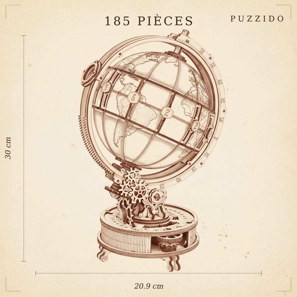 Puzzle 3D du Globe Lumineux en Bois, plan technique avec dimensions