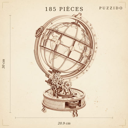 Puzzle 3D du Globe Lumineux en Bois, plan technique avec dimensions