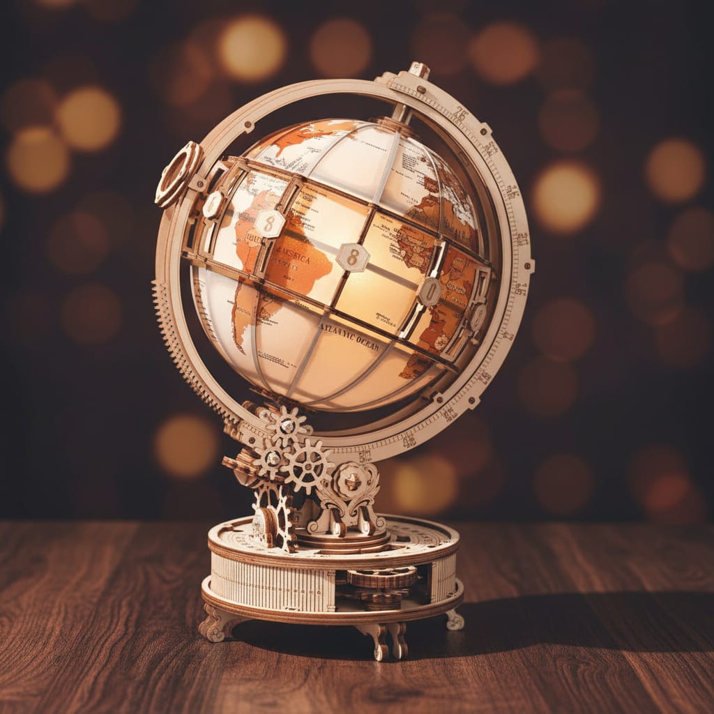 Puzzle 3D du Globe Lumineux en Bois, vue studio sur surface en noyer