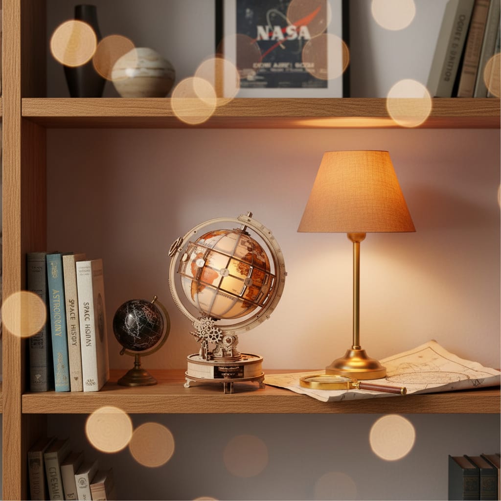 Puzzle 3D du Globe Lumineux en Bois, posé sur une commode dans un intérieur design