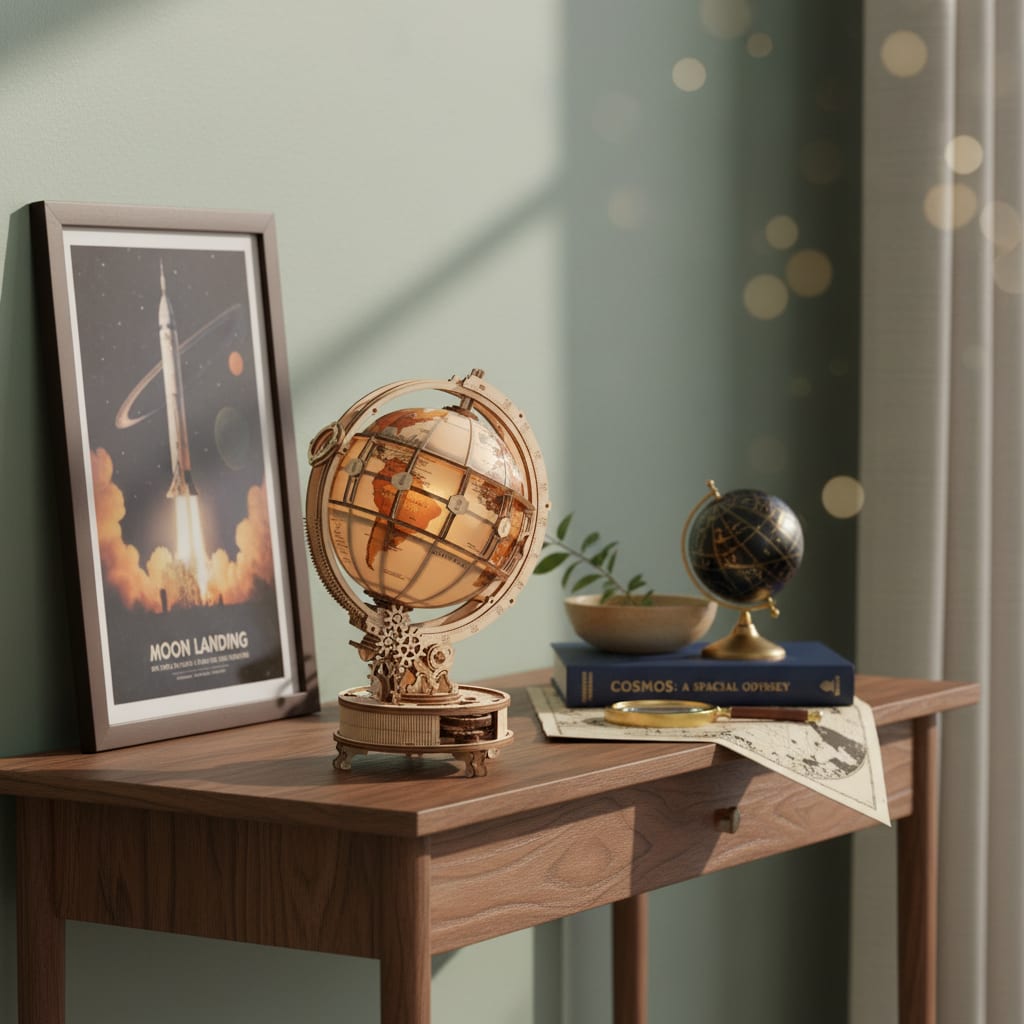 Puzzle 3D du Globe Lumineux en Bois, exposé sur une étagère ouverte