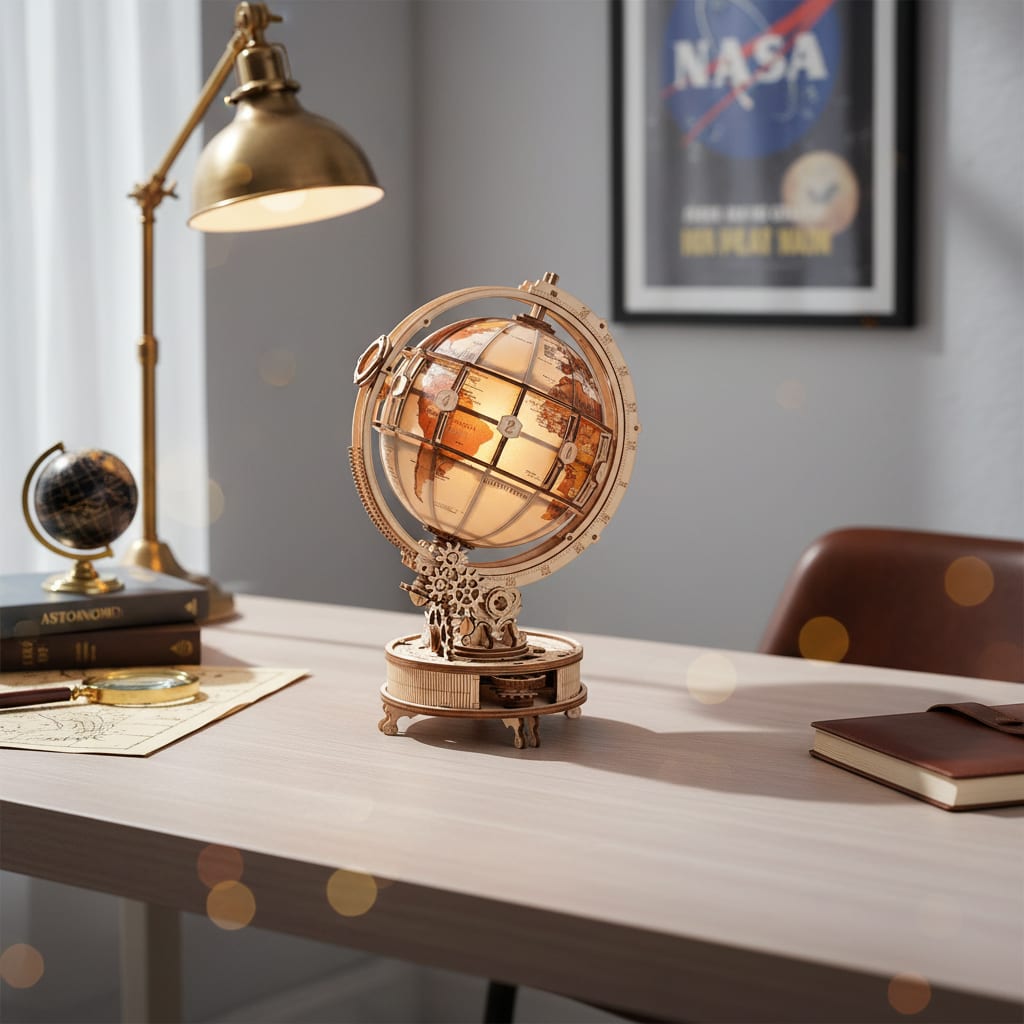 Puzzle 3D du Globe Lumineux en Bois, placé sur une cheminée en pierre