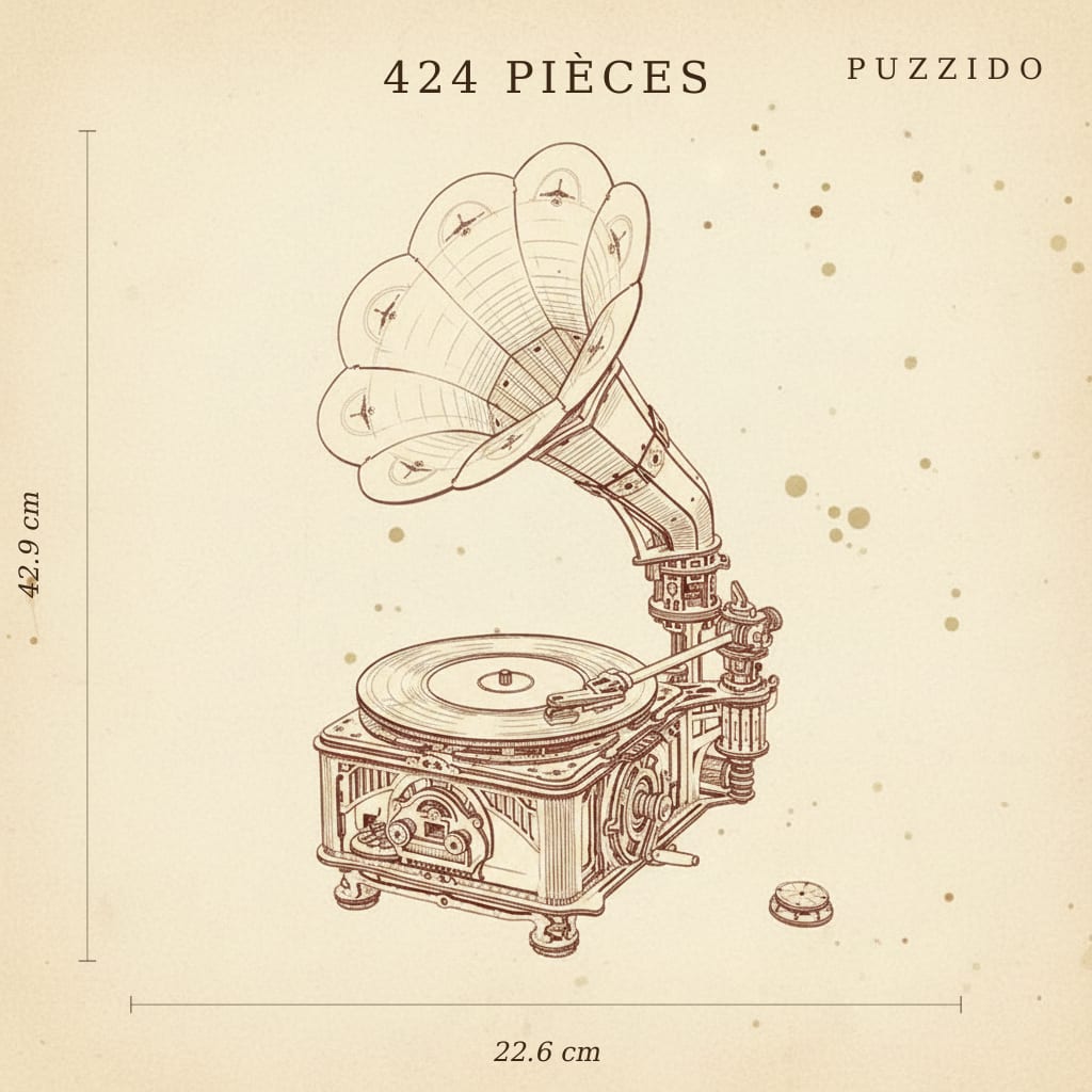 Puzzle 3D du Gramophone Vinyle en bois, plan technique avec dimensions.