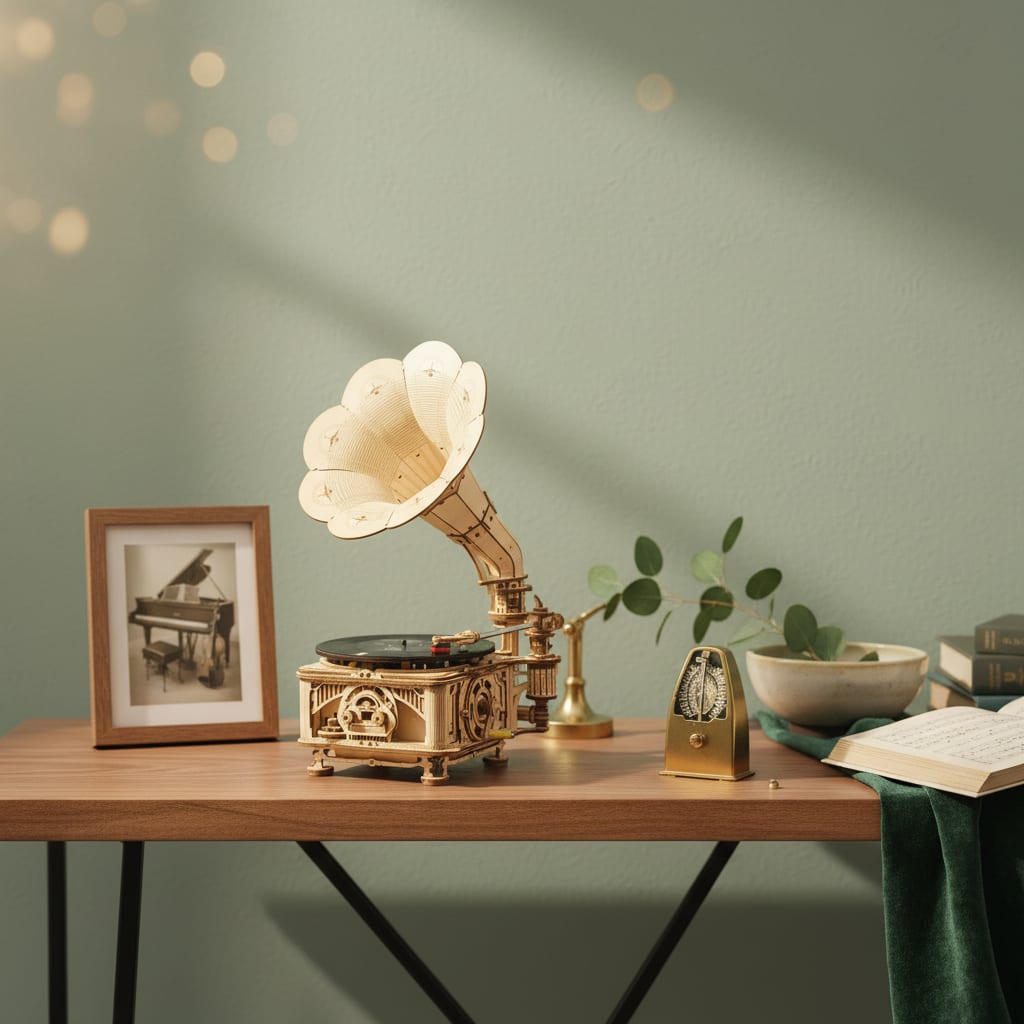 Puzzle 3D du Gramophone Vinyle en bois, exposé sur une étagère ouverte.