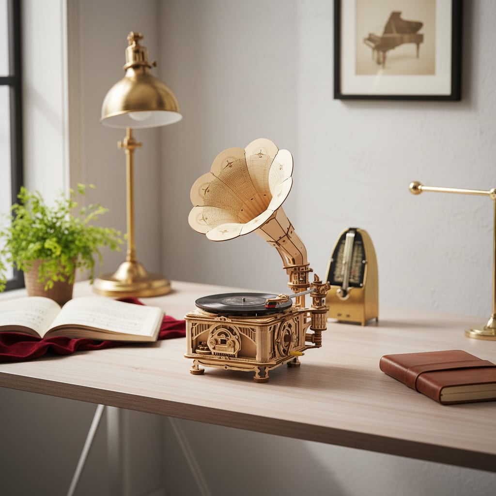 Puzzle 3D du Gramophone Vinyle en bois, posé sur une cheminée en pierre.