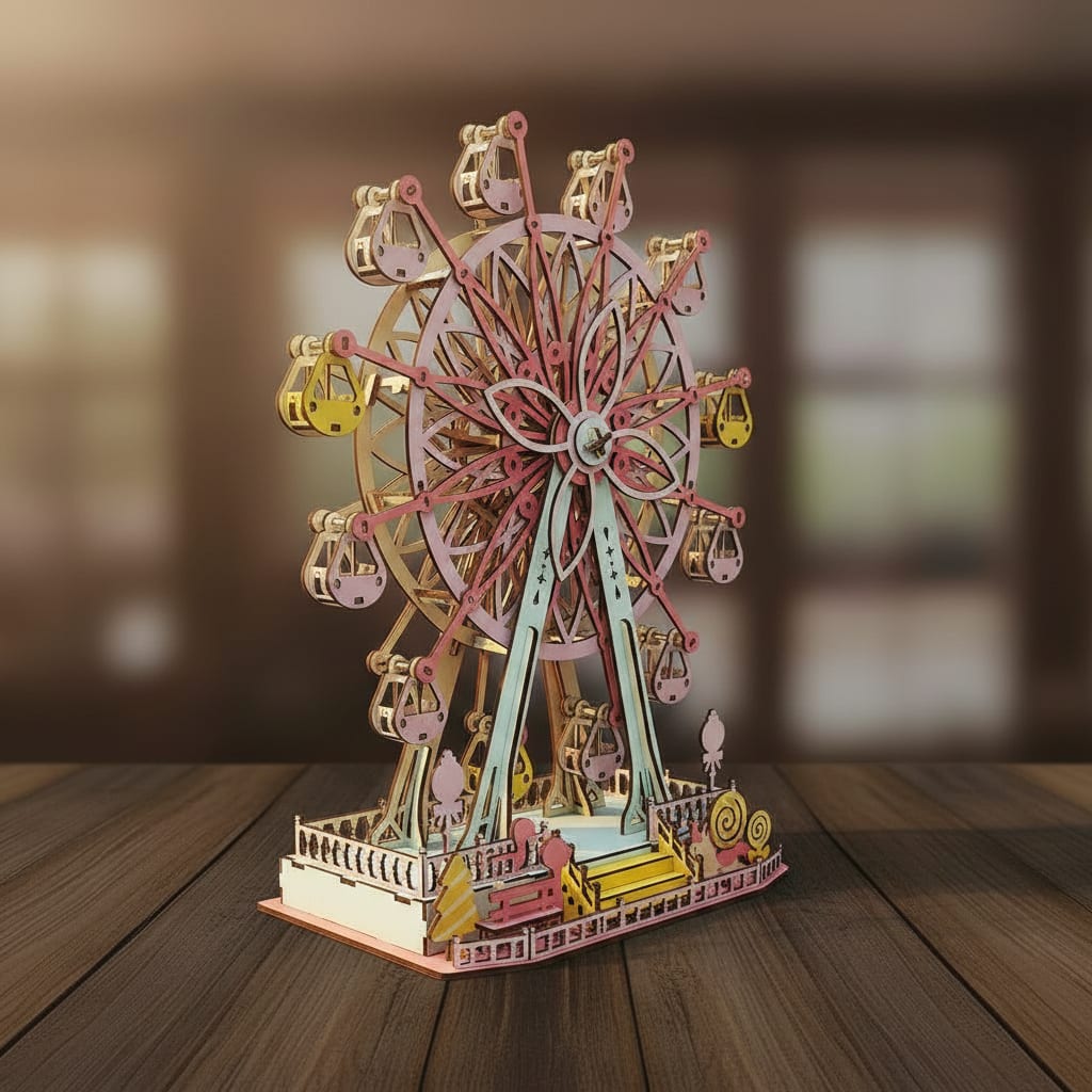 Puzzle 3D du Grande roue Britannique, vue studio sur surface en noyer