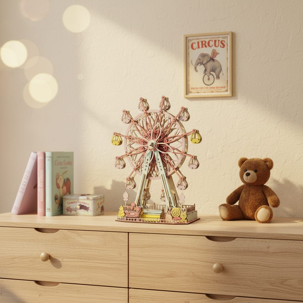 Puzzle 3D du Grande roue Britannique, posé sur une commode dans un intérieur design
