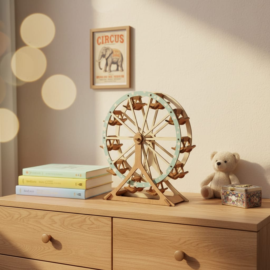 Puzzle 3D du Grande Roue en Bois, exposé sur une étagère ouverte